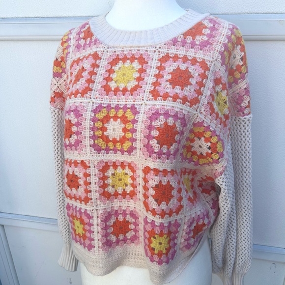 Zara Crochet Sweater Women S Patchwork Square Colorful Puff Sleeve Granny Boxy - Picture 4 of 14